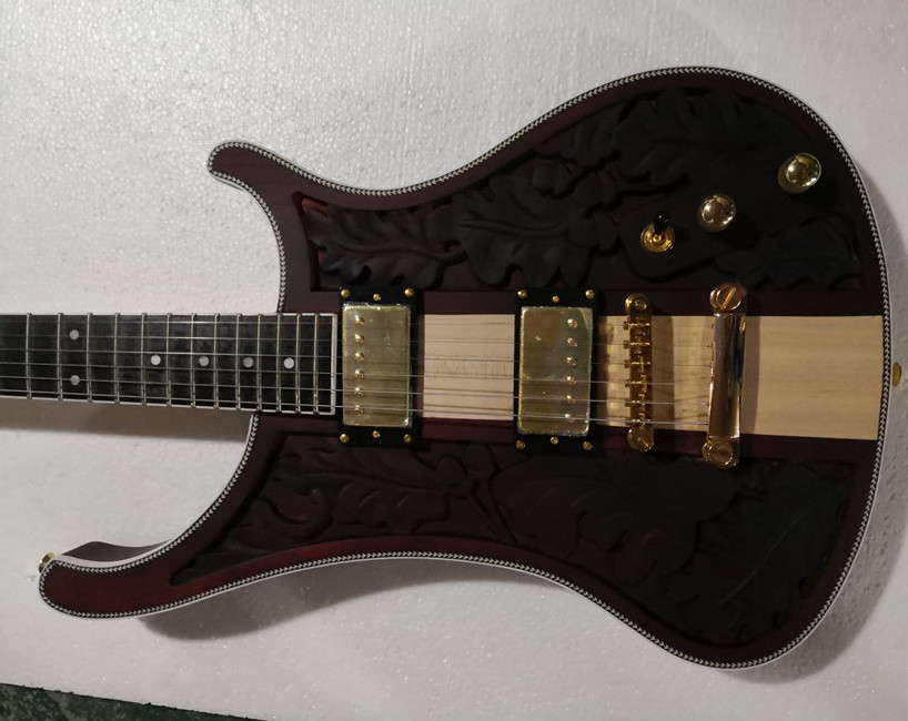 CNC Engraving Neck-thru-Body 6 Strings Electric Guitar with 2 Pickups,Golden Hardware,Can be customized