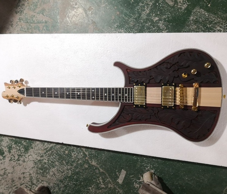 CNC Engraving Neck-thru-Body 6 Strings Electric Guitar with 2 Pickups,Golden Hardware,Can be customized