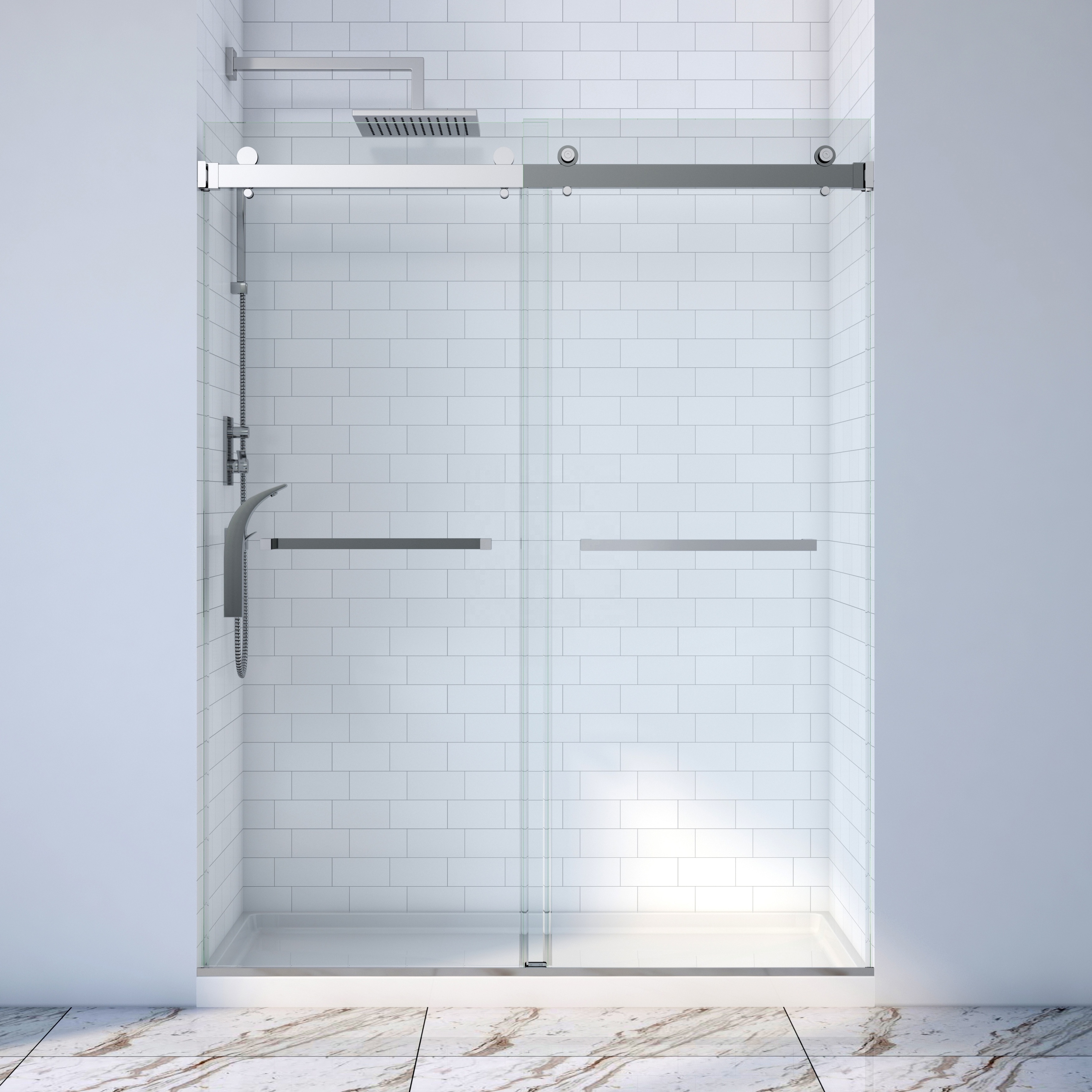 Easy clean tempered glass sliding shower door with stainless steel accessories sliding shower door