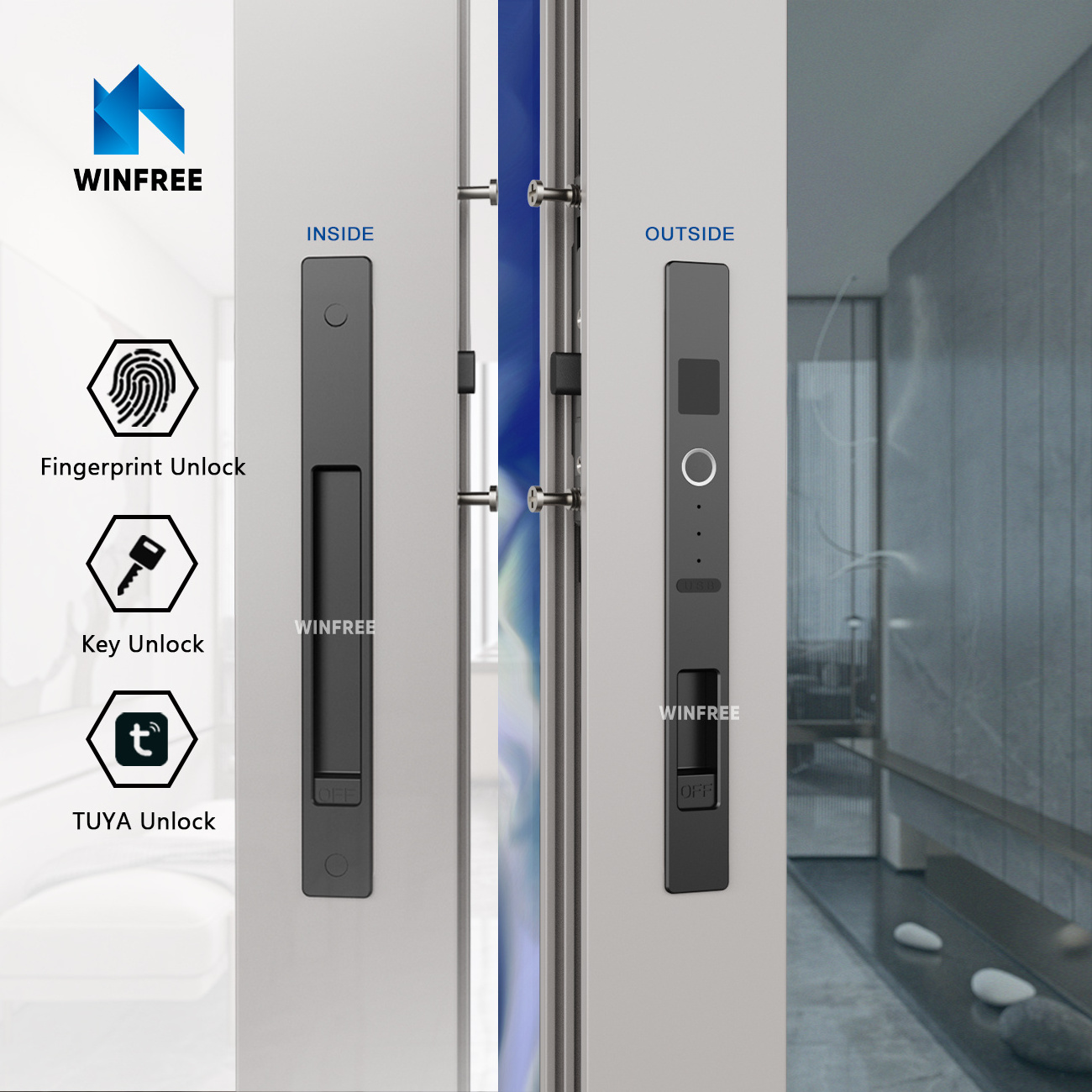 Guangdong-WINFREE Security Set Fingerprint Glass Slide Aluminum Alloy Sliding Door Smart Lock