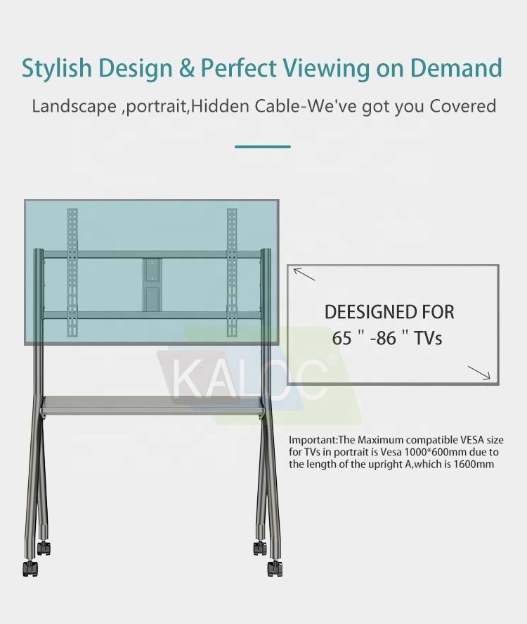 KALOC AC75 Simple design TV Trolley mobile stand with wheels moving mount for 65-86 inches interactive touch screen