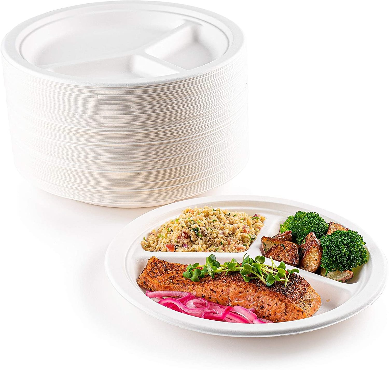 Disposable 10 inch 3 Compartment Round Plates for fruit fastfood and lunch disposable biodegradable paper