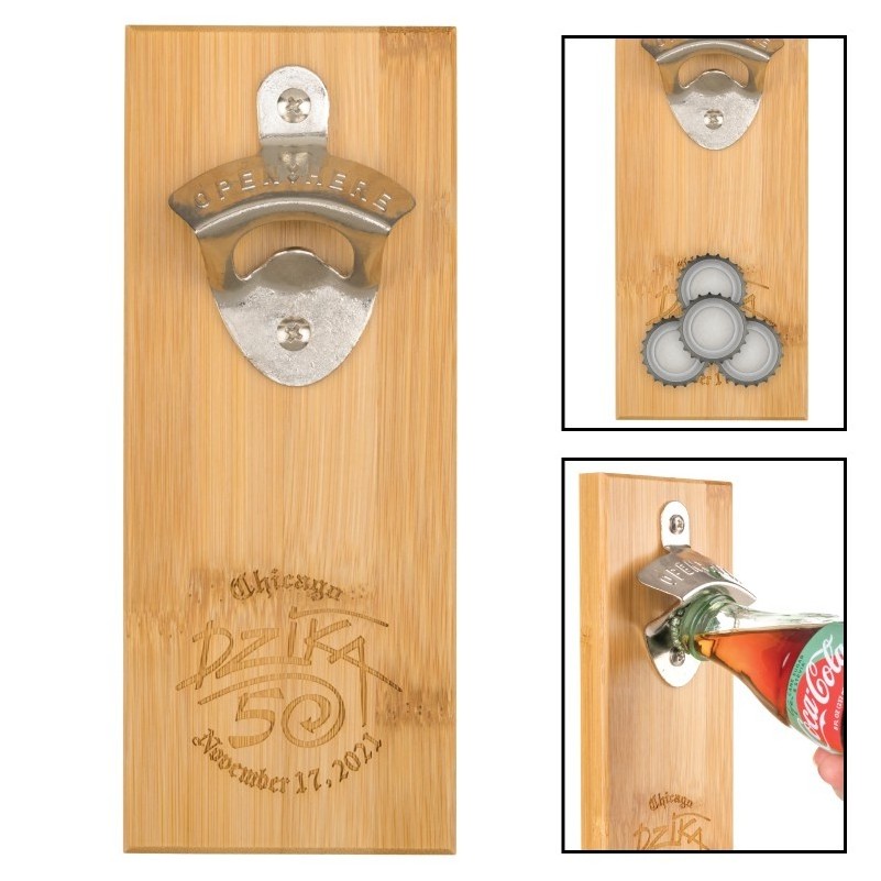 Logo Imprint Magnetic Bamboo Wall Mounted Bottle Opener Key Ring