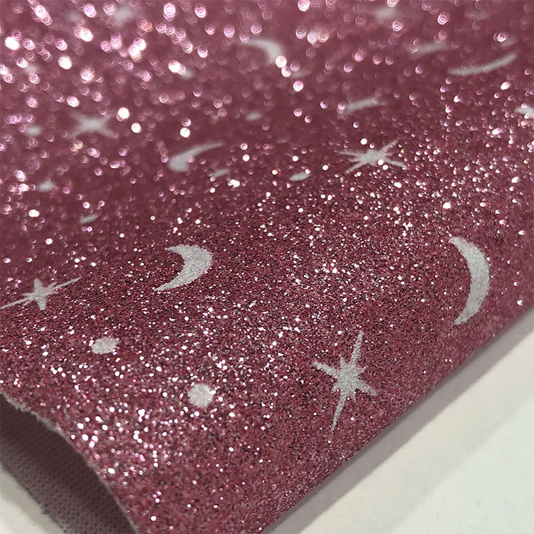 Eco-friendly soft star moon glow in the dark glitter fabric for wallpaper bag shoes