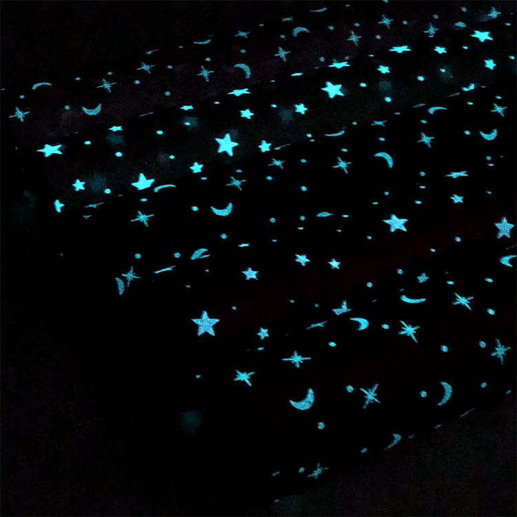 Eco-friendly soft star moon glow in the dark glitter fabric for wallpaper bag shoes