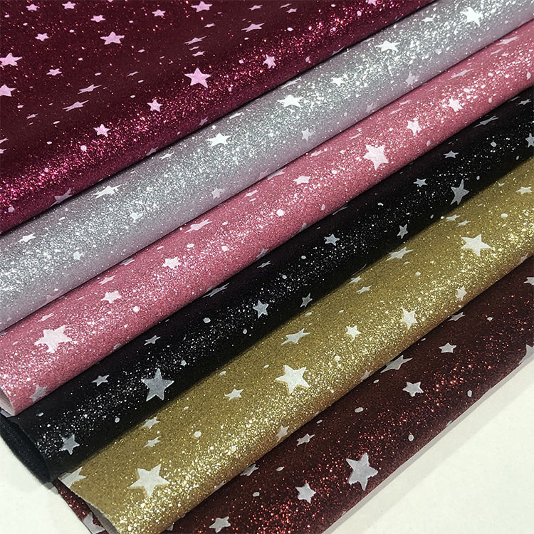 Eco-friendly soft star moon glow in the dark glitter fabric for wallpaper bag shoes