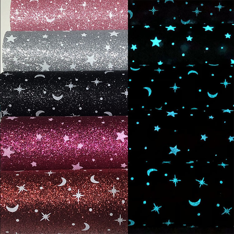 Eco-friendly soft star moon glow in the dark glitter fabric for wallpaper bag shoes