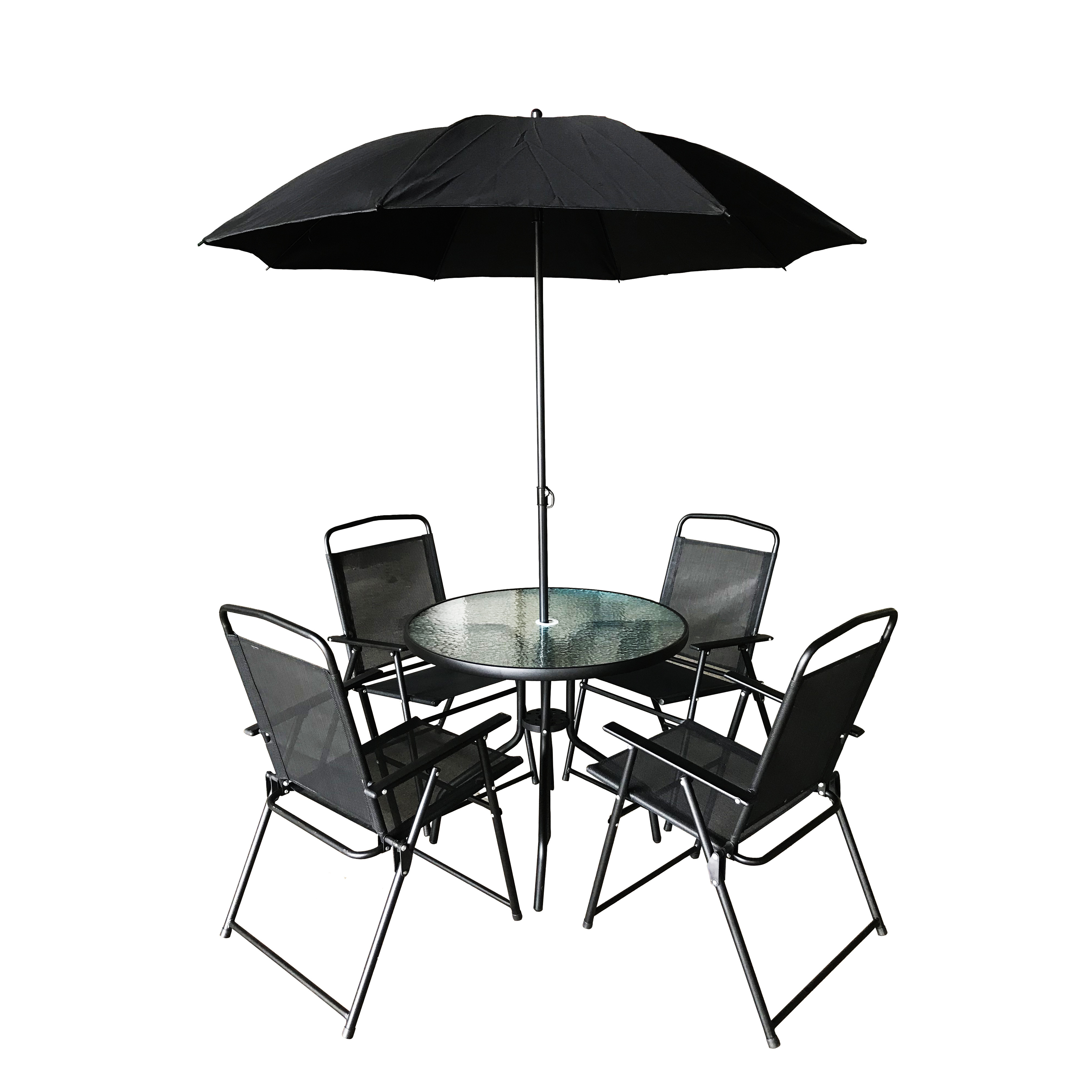 6 Piece Outdoor Modern Metal Folding Foldable Garden Chairs and Table Patio Furniture Garden Patio Set with Umbrella