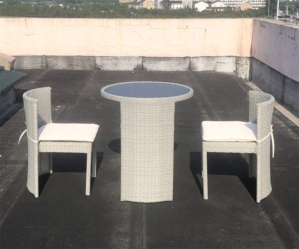 Round Small Grey Compact Poly Rattan Ratan Outdoor Bistro Table Set Patio Balcony Garden Furniture