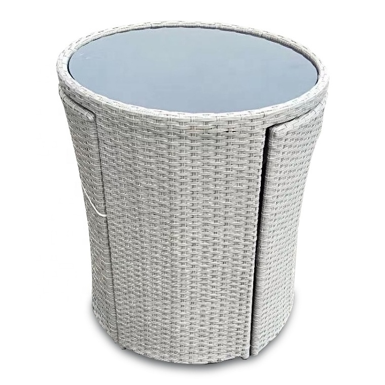 Round Small Grey Compact Poly Rattan Ratan Outdoor Bistro Table Set Patio Balcony Garden Furniture