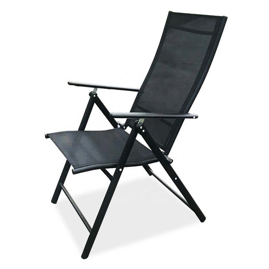 7 Position Adjustable Steel Textilener Teslin Sling Iron Metal Modern Outdoor Recliner Black Foldable Patio Garden Folding Chair