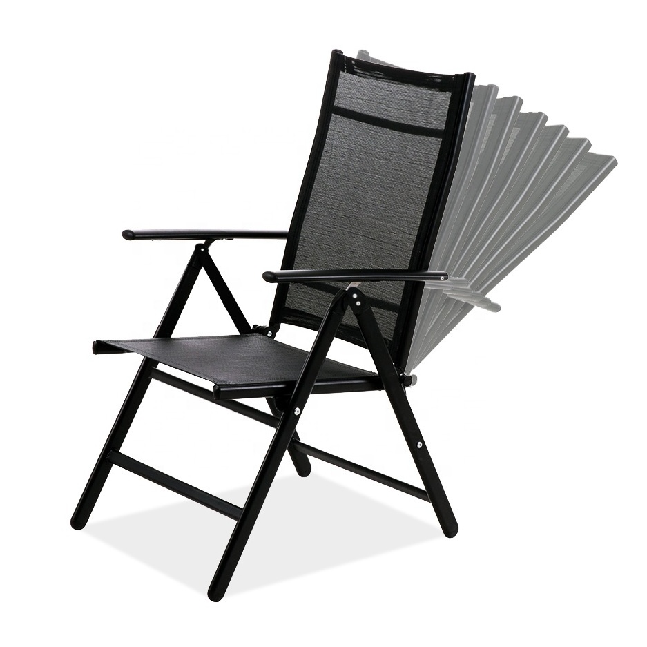 7 Position Adjustable Steel Textilener Teslin Sling Iron Metal Modern Outdoor Recliner Black Foldable Patio Garden Folding Chair