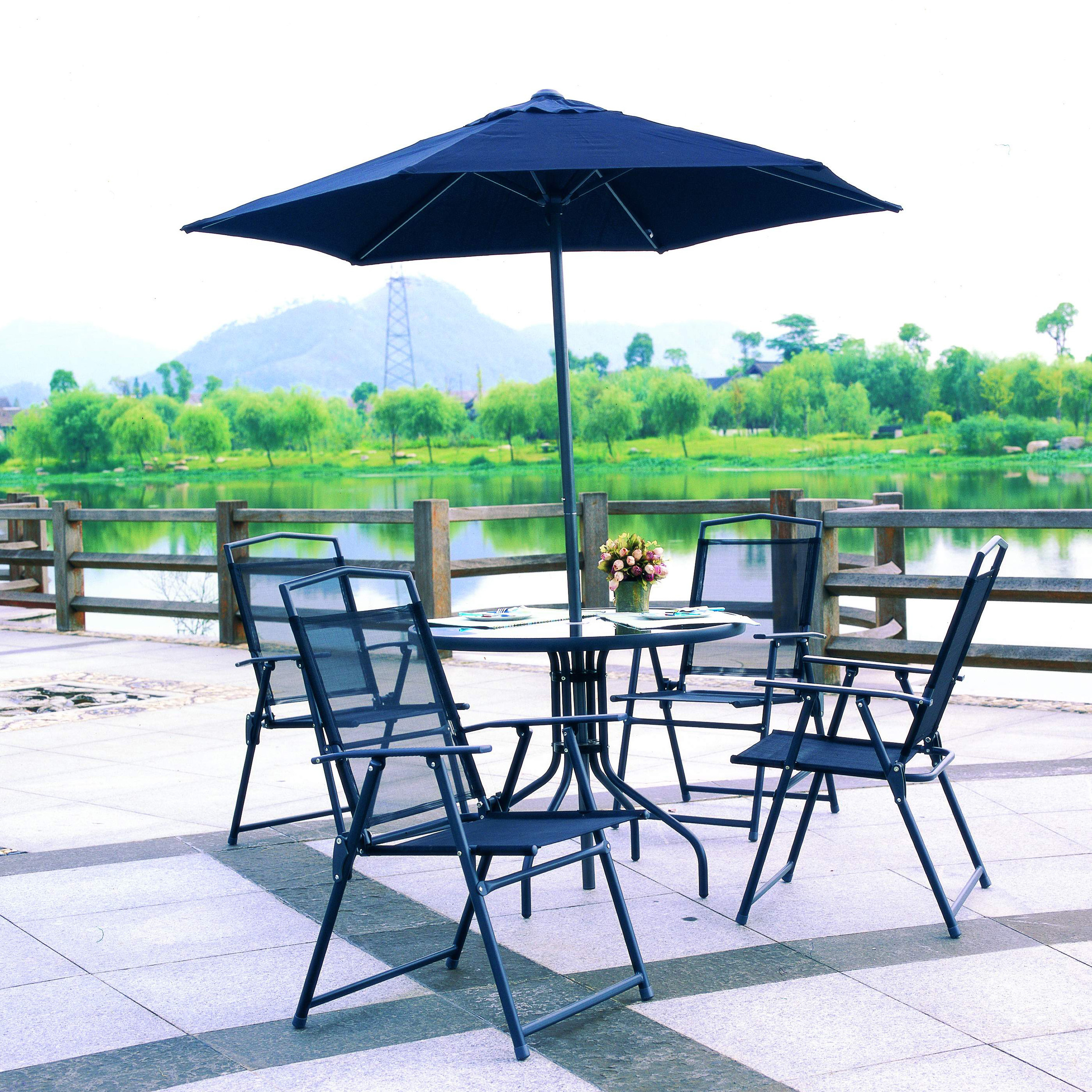 6 Piece Outdoor Modern Metal Folding Foldable Garden Chairs and Table Patio Furniture Garden Patio Set with Umbrella