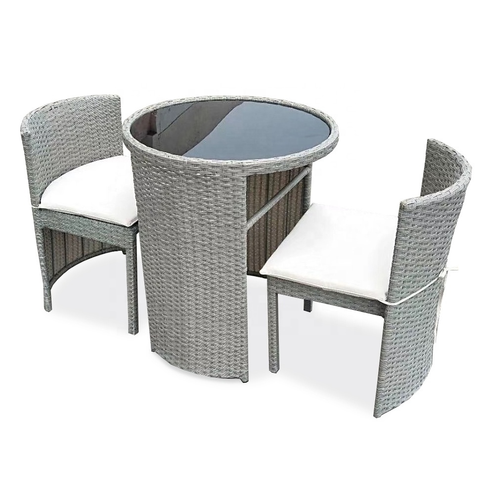 Round Small Grey Compact Poly Rattan Ratan Outdoor Bistro Table Set Patio Balcony Garden Furniture