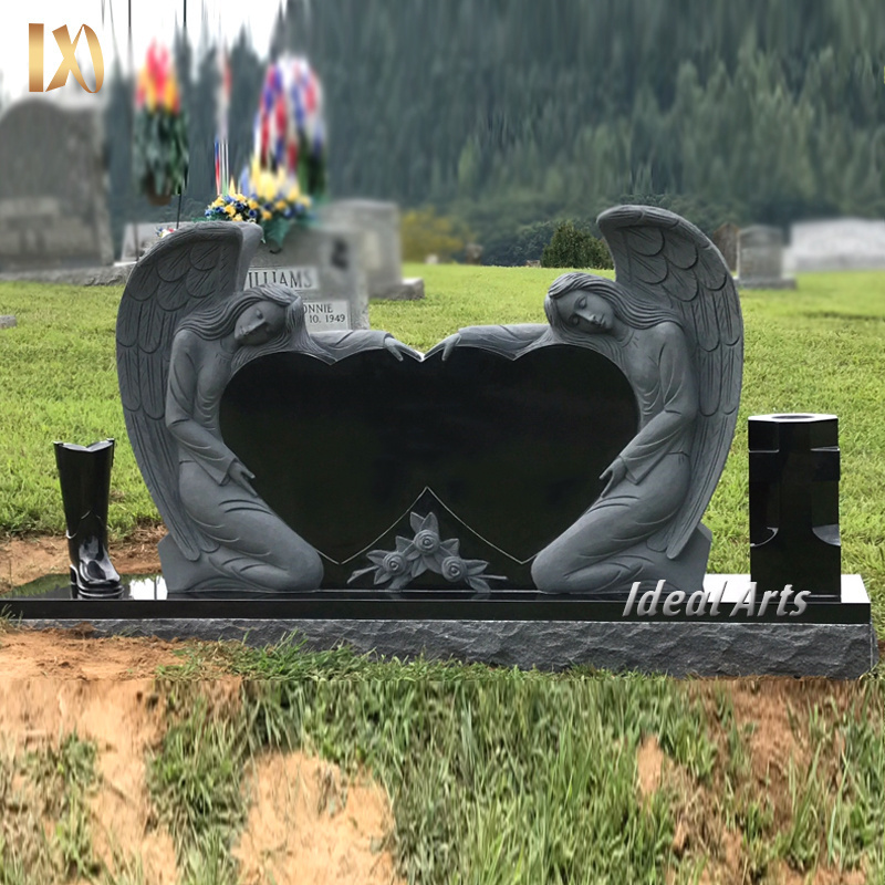 Custom European Beautiful Angel Wings Heart Shaped Tombstone Designs Black Granite Monument