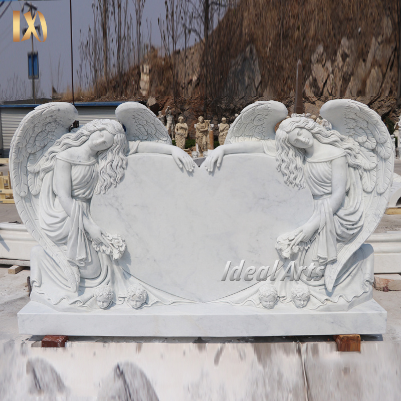 custom made Outdoor White Marble Double Angel Heart Shaped Statue Headstone