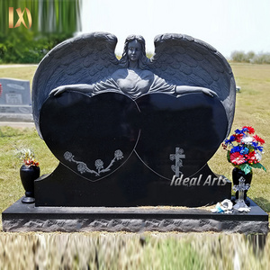 Custom European Beautiful Angel Wings Heart Shaped Tombstone Designs Black Granite Monument