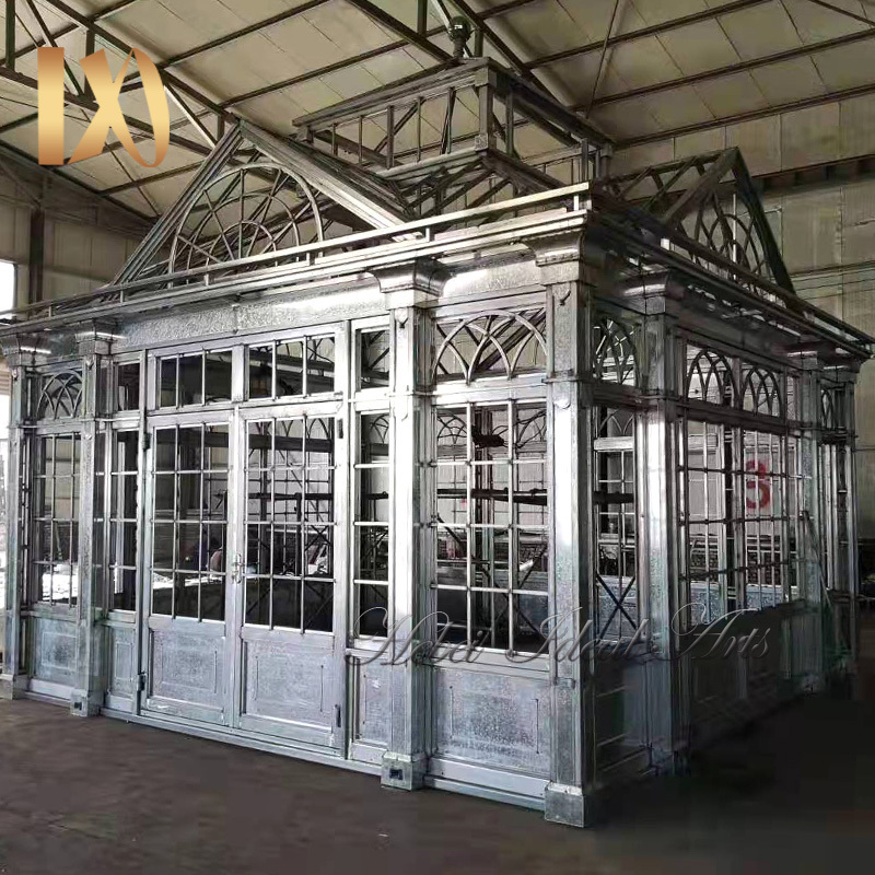 Park decoration wrought iron gazebo with glass victorian greenhouse iron gazebo