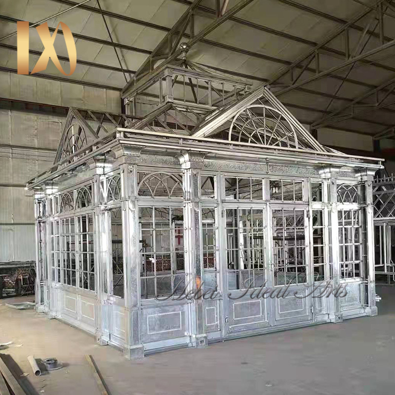 Park decoration wrought iron gazebo with glass victorian greenhouse iron gazebo