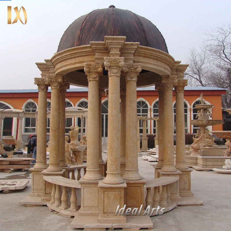 Factory customization Outdoor White Marble Gazebo Ancient with Metal Roof for Sale