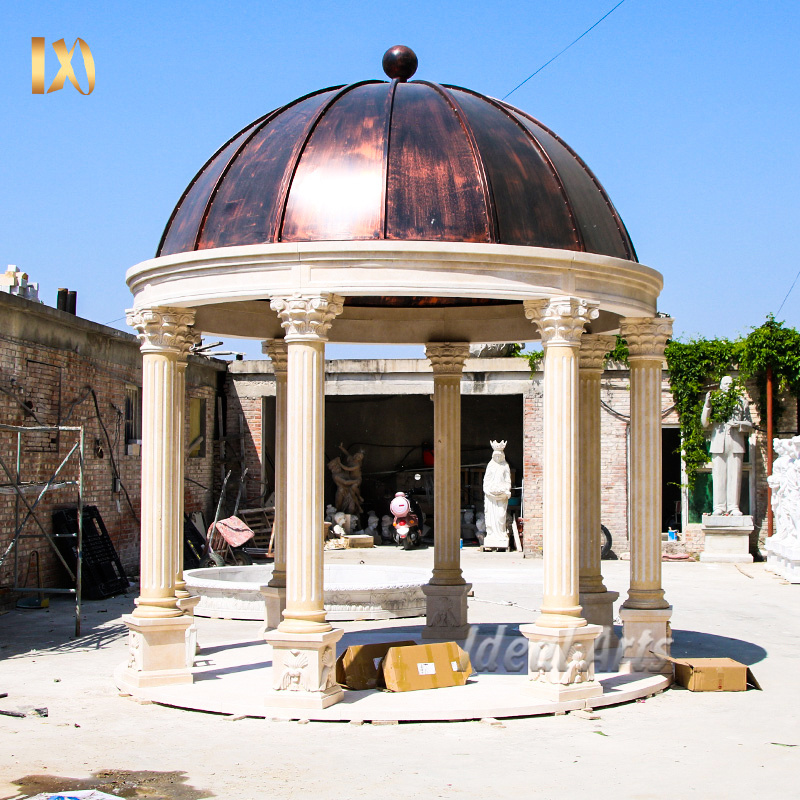 Factory customization Outdoor White Marble Gazebo Ancient with Metal Roof for Sale