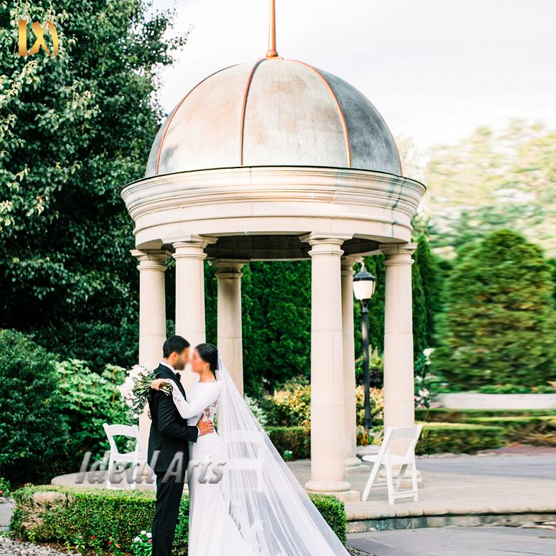 Factory customization Outdoor White Marble Gazebo Ancient with Metal Roof for Sale