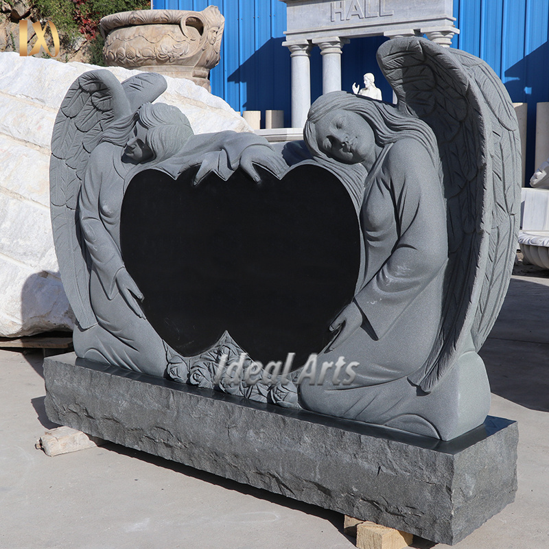 Custom Outdoor Graveyard Memorial Granite Headstone Marble Black Double Heart kneeling Angel Wings Headstone Cemetery Tombstone