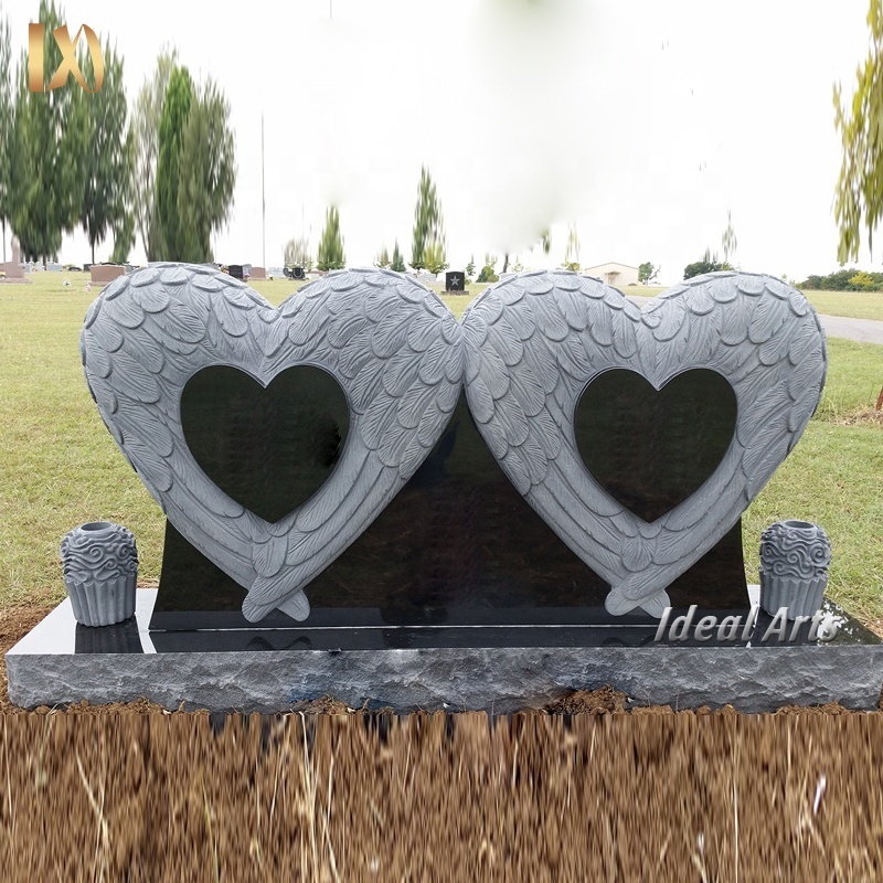 Ideal Arts Factory china black granite monuments stone double heart tombstones headstone carving with vases