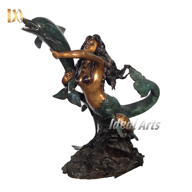 Custom outdoor garden decoration bronze dolphin water fountain with life size mermaid statue