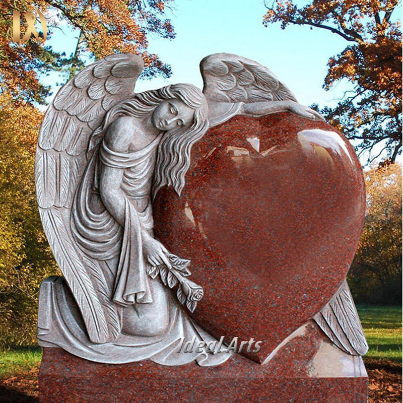 Ideal Arts double heart headstone with statue white red granite tombstones gravestone