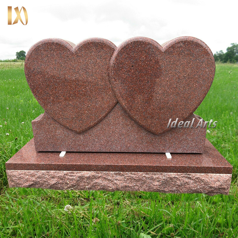 Ideal Arts double heart headstone with statue white red granite tombstones gravestone