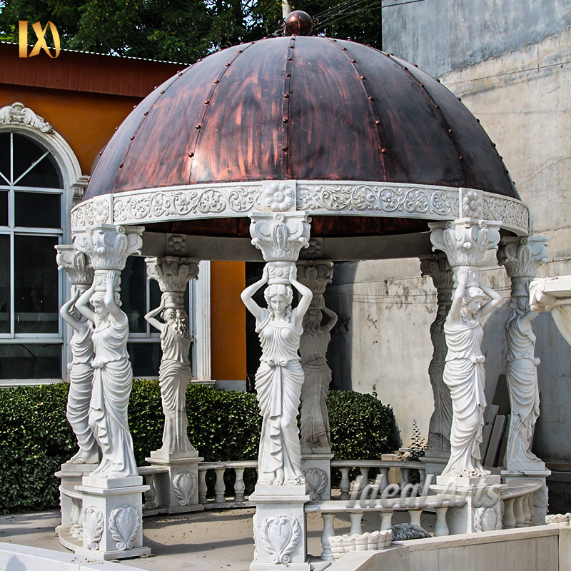 Factory customization Marble Made Hand Carved Garden Roman Stone Gazebo Square Marble Gazebo with Woman Statue