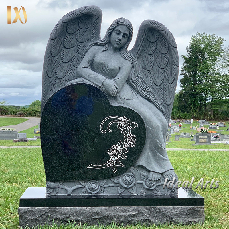 Custom Outdoor Graveyard Memorial Granite Headstone Marble Black Double Heart kneeling Angel Wings Headstone Cemetery Tombstone