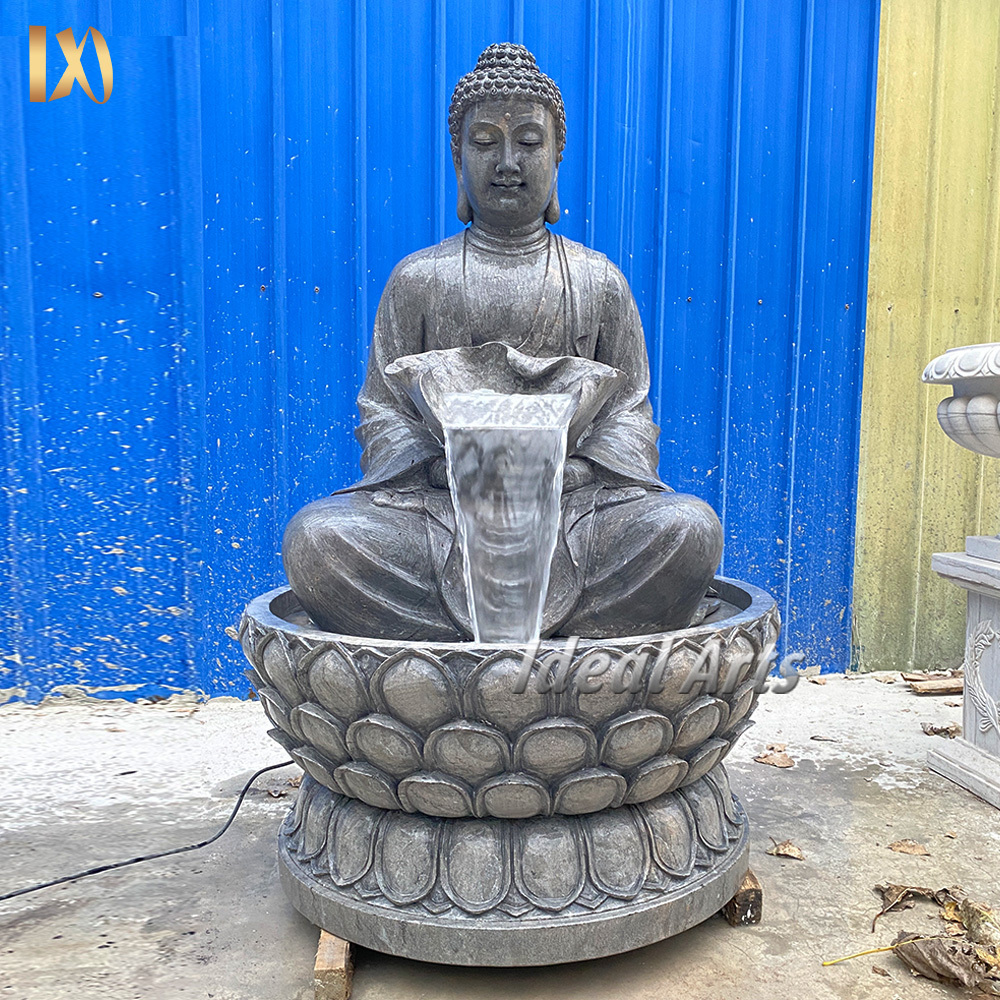 Decoration big black stone marble buddha statue water fountain with marble lotus flower fountain indoor for sale