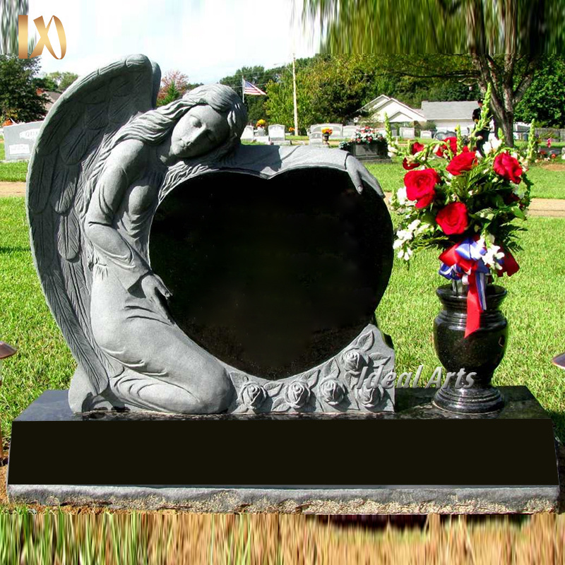 custom made Outdoor White Marble Double Angel Heart Shaped Statue Headstone