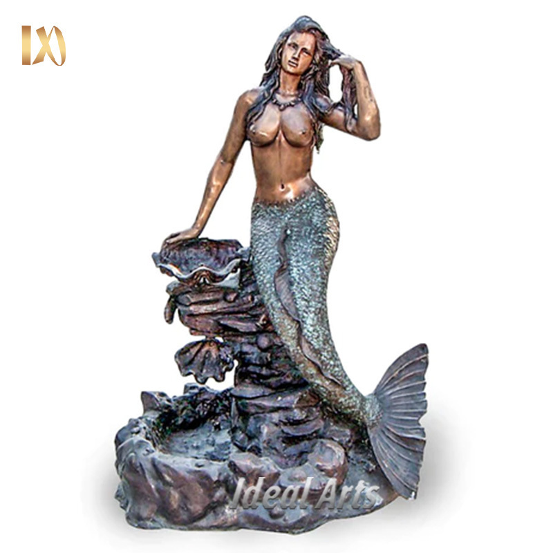 Custom outdoor garden decoration bronze dolphin water fountain with life size mermaid statue