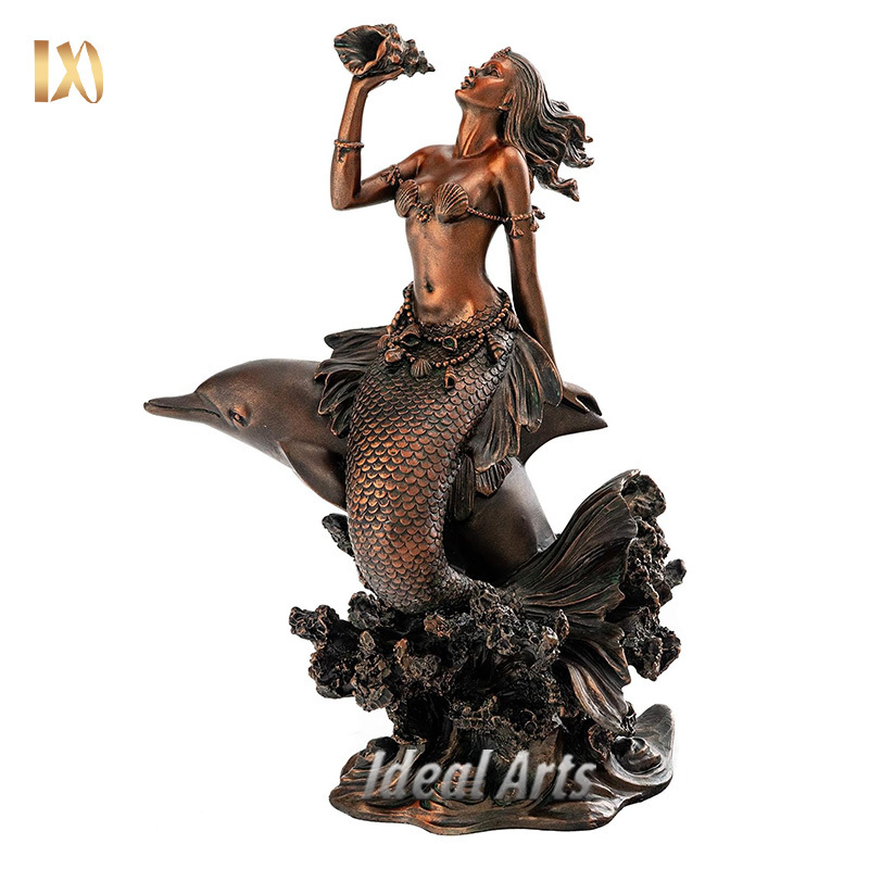 Custom outdoor garden decoration bronze dolphin water fountain with life size mermaid statue