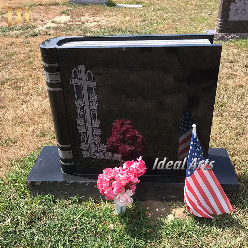 Ideal Arts customized tombstone natural stone granite black cemetery marble books black marble bible headstone