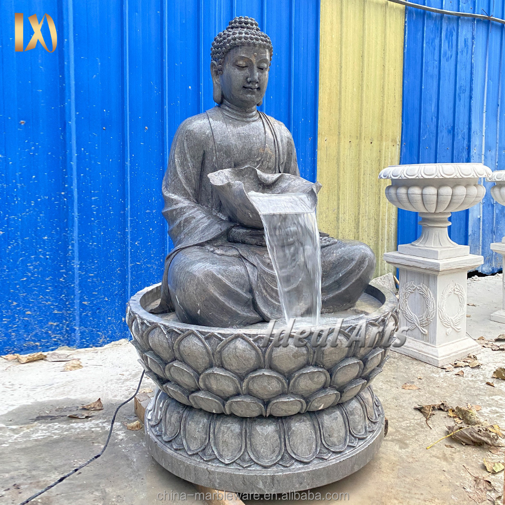 Decoration big black stone marble buddha statue water fountain with marble lotus flower fountain indoor for sale