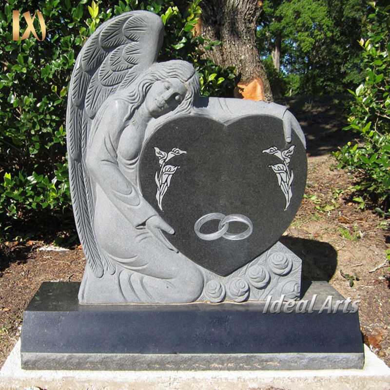 Custom European Beautiful Angel Wings Heart Shaped Tombstone Designs Black Granite Monument