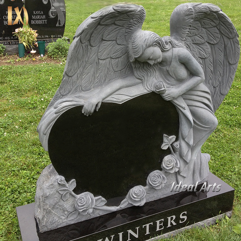 Custom European Beautiful Angel Wings Heart Shaped Tombstone Designs Black Granite Monument