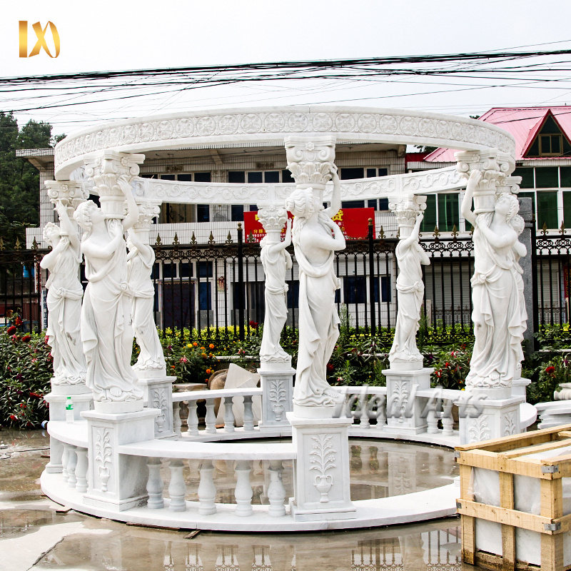 Factory customization Marble Made Hand Carved Garden Roman Stone Gazebo Square Marble Gazebo with Woman Statue