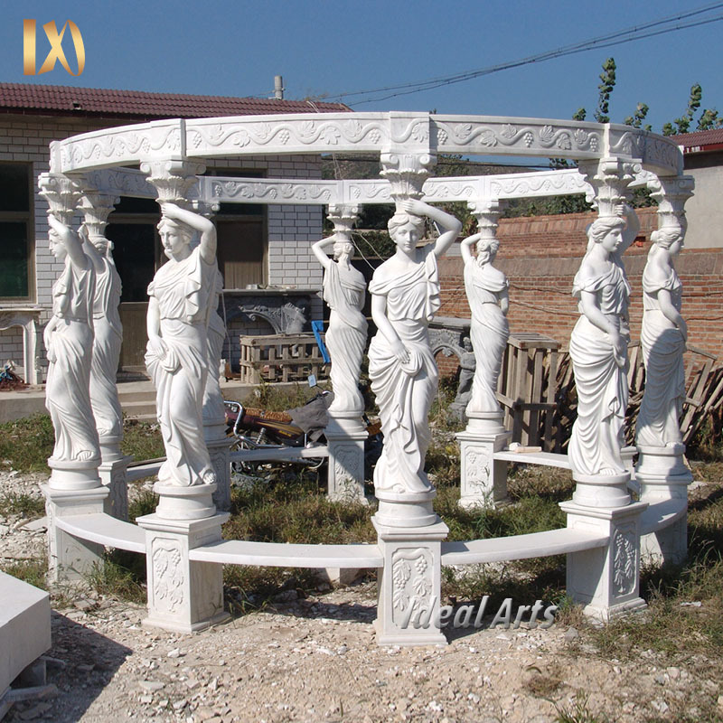 Factory customization Marble Made Hand Carved Garden Roman Stone Gazebo Square Marble Gazebo with Woman Statue