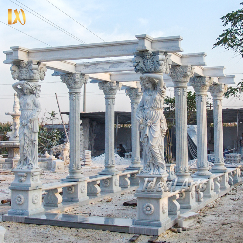 Factory customization European Style Marble and Metal Wrought Gazebo Women Marble Gazebo Sculpture