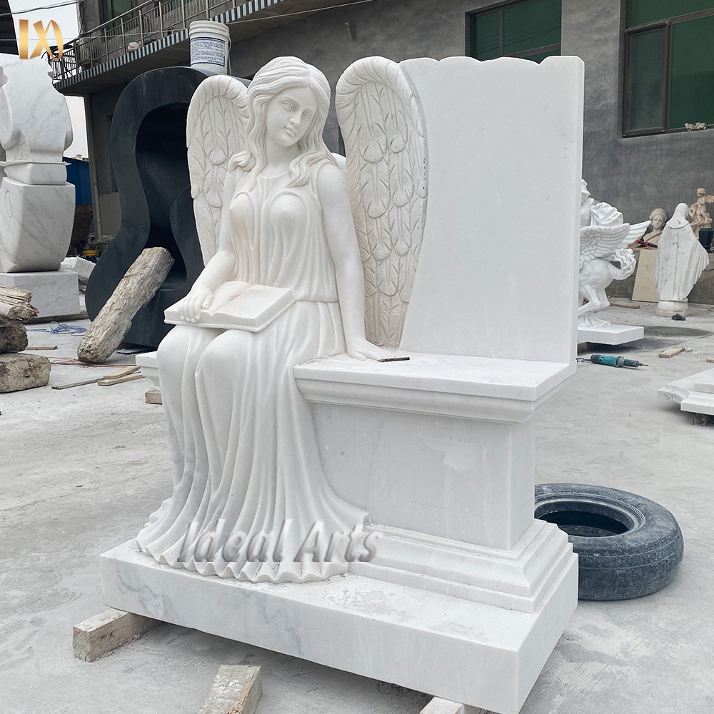 factory price cemetery White Marble guardian Angel statue Headstone With Heart For Monument