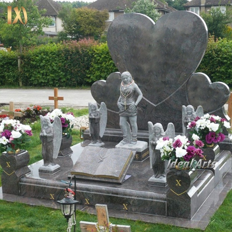 Ideal Arts Factory china black granite monuments stone double heart tombstones headstone carving with vases