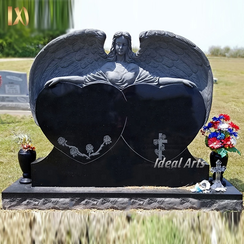 Ideal Arts Factory china black granite monuments stone double heart tombstones headstone carving with vases