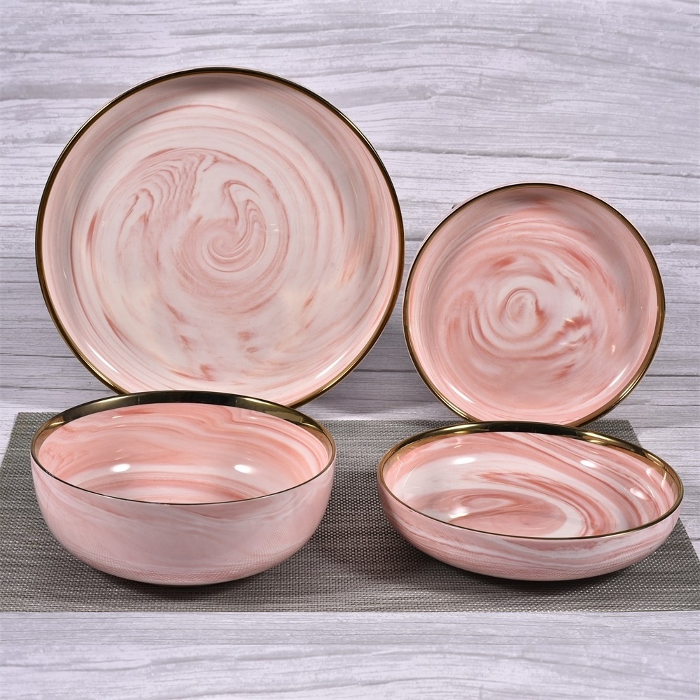 Popular nordic style ceramic dinnerware wide golden rim luxury dinner set wedding party bowl plate set with marble design