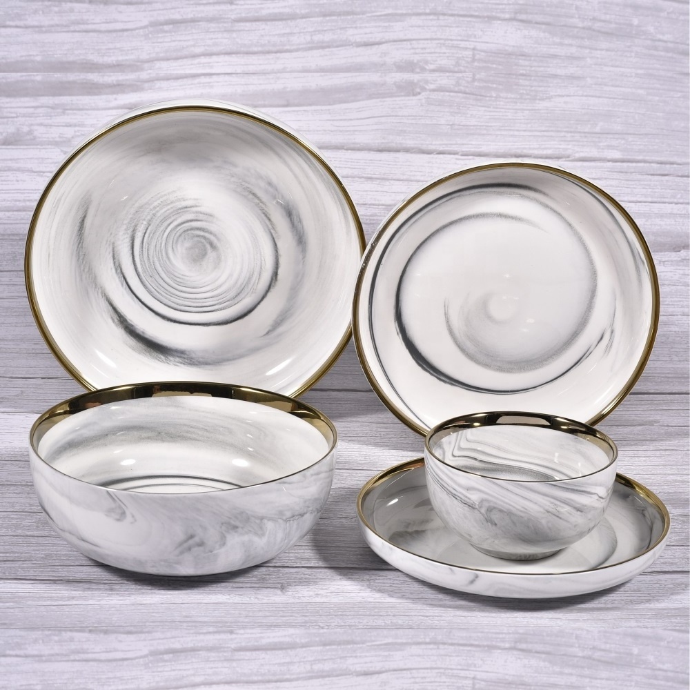 Popular nordic style ceramic dinnerware wide golden rim luxury dinner set wedding party bowl plate set with marble design