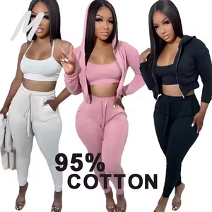 Wholesale High Quality Custom Logo Cotton Women'S Crop Blanks Hoodies Sweatshirts Set 3 Piece Two Piece Set Women Clothing